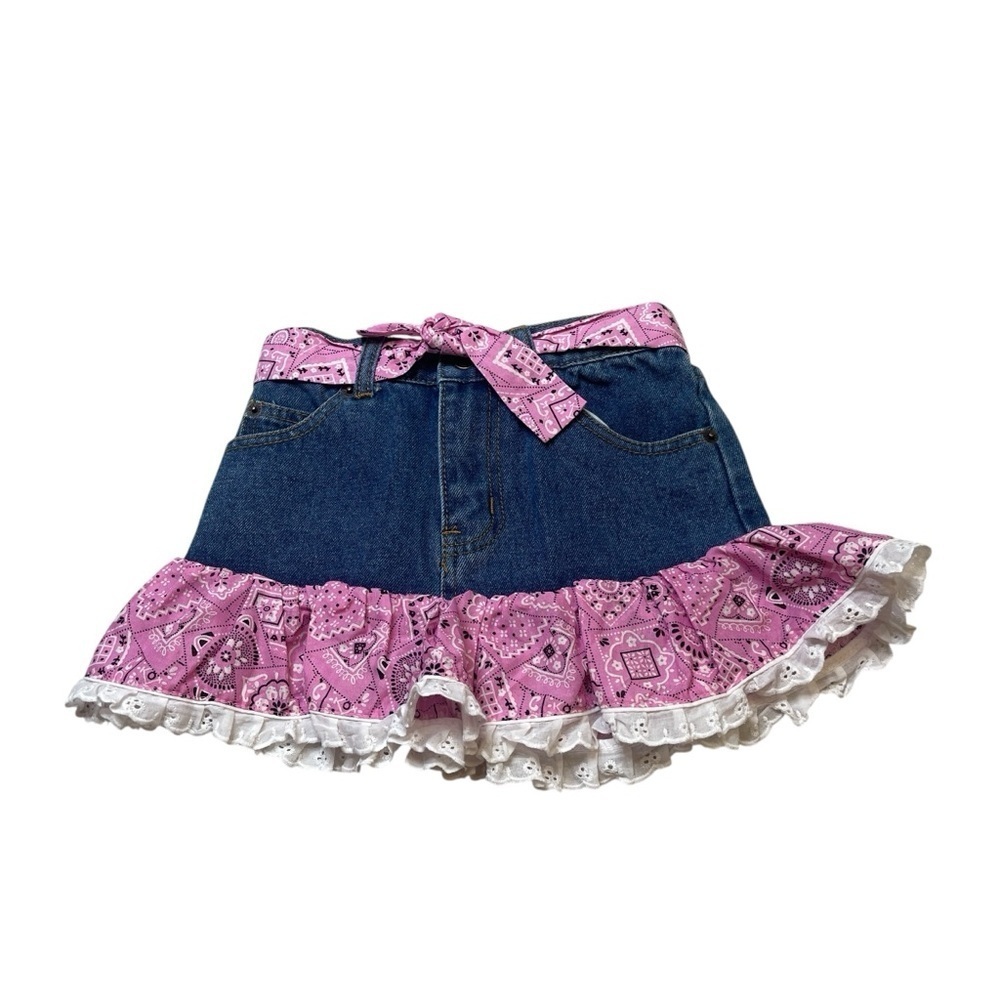 Kiddie Korral Blue Denim Pink Bandana Print Ruffle Jean Skirt Girls Size 6
